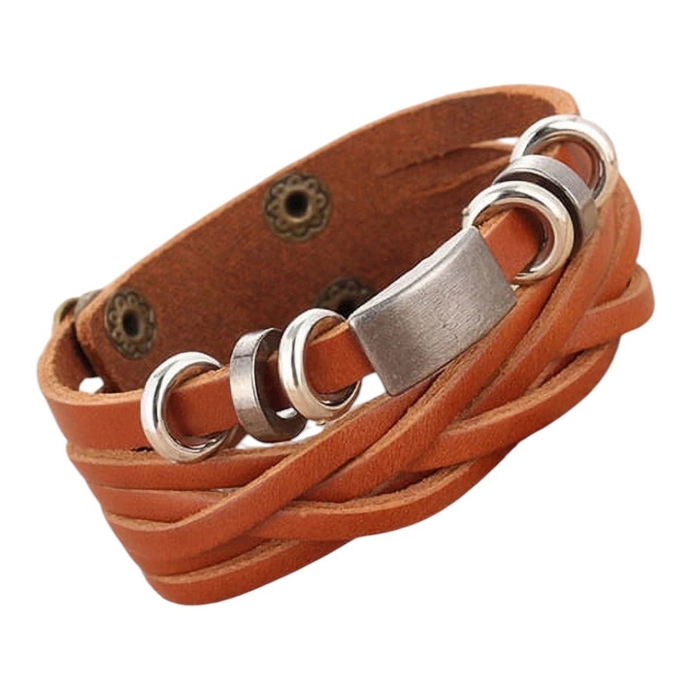 Brown Braided Leather Wrap Bracelet Silver‎ Tone Metal Accents Adjustable Snap